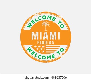 Welcome to Miami Florida Sign Palm Symbol Official Colors Orange Green Stamp Stars Stripes