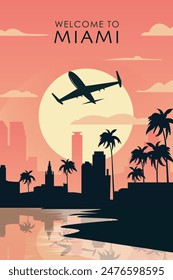 Welcome to Miami, Florida state of USA. Retro city poster with abstract shapes of skyline, buildings, plane flying over. Vintage American travel vector illustration