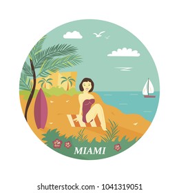 Welcome to Miami poster. Concept design with pretty girl, palms and beach