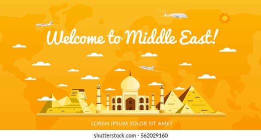 Welcome to Middle East poster with famous attractions vector illustration. Travel design with Taj Mahal palace, Sphinx statue, ancient pyramid. Worldwide traveling, time to travel, discover new places