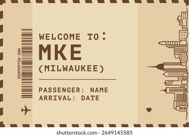 Welcome to Milwaukee, Wisconsin USA card template. Vector vintage style postcard illustration with airport code, skyline, flight info. Boarding pass, luggage tag style s image layout