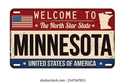 Welcome to Minnesota vintage rusty license plate on a white background, vector illustration