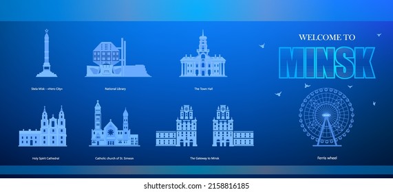 Welcome to Minsk. Architecture of the city of Minsk, sights of the city. Belarus, vector. Banner with the architecture of the city of Minsk. Vector graphics, architecture