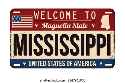 Welcome to Mississippi vintage rusty license plate on a white background, vector illustration