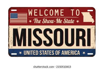 Welcome to Missouri vintage rusty license plate on a white background, vector illustration