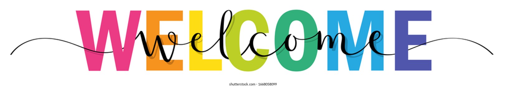 BIENVENIDO Cartel de tipografía vectorial de color arcoiris mezclado con caligrafía de pincel