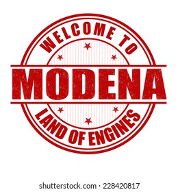 Welcome to Modena, City of delights grunge rubber stamp on white, vector illustration