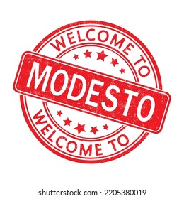 Welcome to MODESTO. Impression of a round stamp with a scuff. Flat style