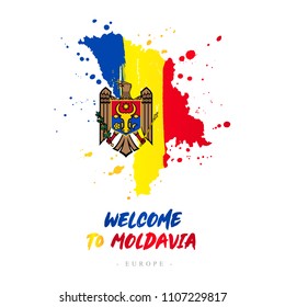 Welcome to Moldavia. Europe. Flag and map of the country of Moldavia from brush strokes. Lettering. Vector illustration on white background.