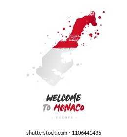 Welcome to Monaco. Europe. Flag and map of the country of  Monaco from brush strokes. Lettering. Vector illustration on white background.