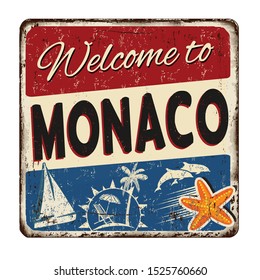 Welcome To Monaco Vintage Rusty Metal Sign On A White Background, Vector Illustration