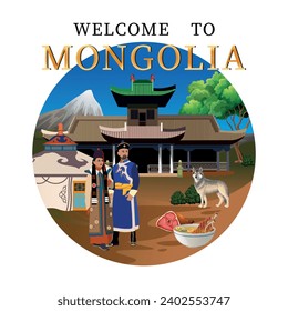 Bienvenidos a Mongolia. Ilustración del país Mongolia. Ropa nacional, alimentación, arquitectura de Mongolia, yurta, desierto, animales de Mongolia