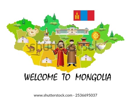 Welcome to Mongolia. Tourist map of Mongolia. Mongolian attractions. Vector art illustration
