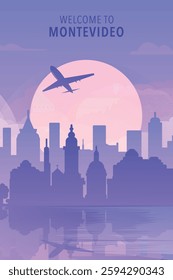 Welcome to Montevideo, Uruguay. Gradient city poster, card with shapes of skyline, waterfront and airplane. America travel vector illustration, print, graphic