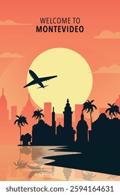 Welcome to Montevideo, Uruguay. Retro city poster with abstract shapes of skyline, buildings, plane flying over shore. Vintage South Americ travel vector illustration