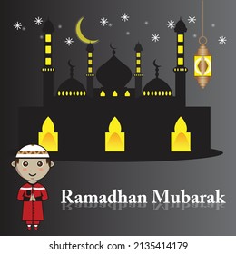 bienvenido el mes de ramadan con el fondo de la mezquita y las estrellas de la luna