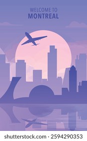 Welcome to Montreal, Canada. Gradient Quebec province city poster, card with shapes of skyline, waterfront and airplane. North America travel vector illustration, print, graphic