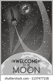 Welcome to the Moon. Retro Futurism Space Poster Stylization