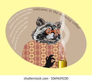 Welcome to the morning coffee! Stylized image of a raccoon in a sweater with a cup of fragrant coffee. Signboard for a coffee house, bistro or cafe. Vector illustration
