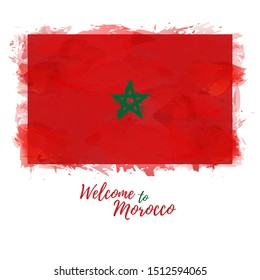 Welcome to Morocco banner. National flag Kingdom of Morocco in watercolor style. Moroccan symbol and print design. Vector illustration.