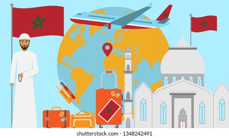 Welcome to Morocco postcard. Travel and journey concept of Islamic country vector illustration with national flag of Morocco