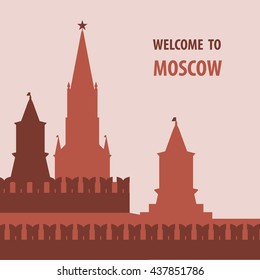 Welcome to Moscow vector illustration. Kremlin silhouette. City background. The Spasskaya Tower.