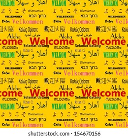 Welcome in multiple languages composed for tile-able seamless vector background