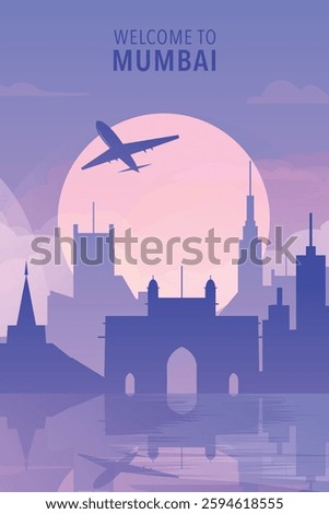Welcome to Mumbai, India. Gradient city poster, card with shapes of skyline, waterfront and airplane. Asia travel vector illustration, print, graphic