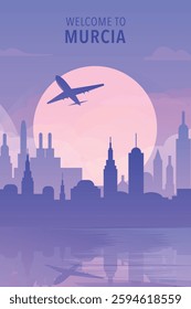 Welcome to Murcia, Spain. Gradient city poster, card with shapes of skyline, waterfront and airplane. Europe travel vector illustration, print, graphic