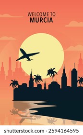 Welcome to Murcia, Spain. Retro city poster with abstract shapes of skyline, buildings, plane flying over shore. Vintage summer travel vector illustration