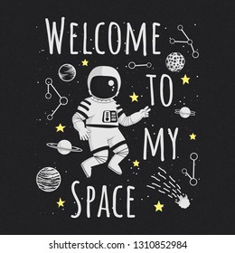 Welcome to my space rectangular vector illustration, poster, t-shirt design. Monochrome cartoon astronaut making peace sign with planets, comet, constellations and yellow stars on a dark background.