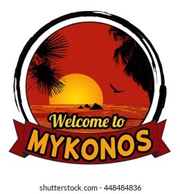 Welcome to Mykonos concept in vintage graphic style for t-shirt and other print production on white background, vector illustration