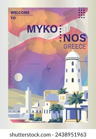 Bienvenido a Mykonos, Grecia cartel de la isla con formas abstractas. Viejo Chora pueblo diseño vectorial para folleto vertical, sitio web, folleto, presentación