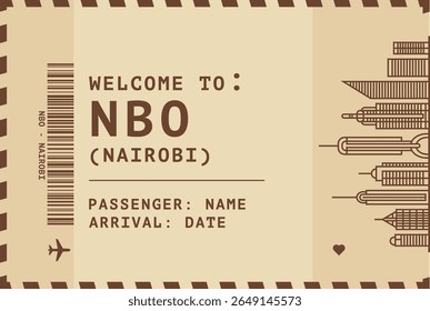 Welcome to Nairobi, Kenya card template. Vector vintage style postcard illustration with airport code, skyline, flight info. Boarding pass, luggage tag style s image layout
