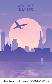 Welcome to Naples, Italy. Gradient city poster, card with shapes of skyline, waterfront and airplane. Europe travel vector illustration, print, graphic