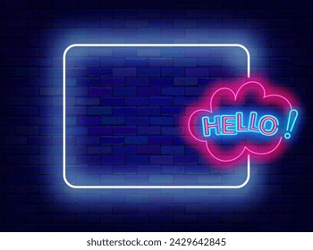 Welcome neon advertising. Speech bubble with hello text and empty white frame. Super sale and party. Glowing greeting card. Copy space. Editing text. Vector stock illustration
