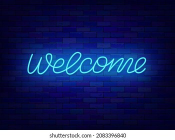 Welcome neon lettering. Shiny invitation calligraphy. Light quote. Online messaging. Outer glowing effect banner. Social media message. Luminous signboard. Editable stroke. Vector stock illustration