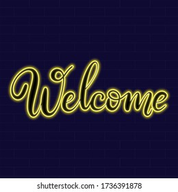 Welcome Neon sign with lettering on dark background vector illustration. Logo design template. Light banner, glowing neon signboard for cafe, restaurant  advertising. 