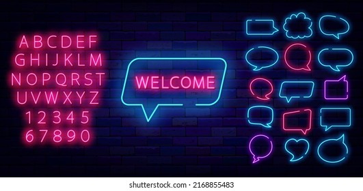 Welcome neon signboard in speech bubble. Special offer concept. Open sign for cafe, resaurant and website. Clouds frame collection. Shiny pink alphabet. Editable stroke. Vector stock illustration