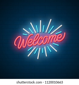 Welcome neon signboard. Vector illustration.