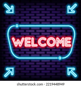 Welcome Neon signboards. Neon script. Night bright advertising. Modern trend design. Vector Illustration
