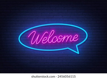 Welcome Neon Text on brick wall  background.