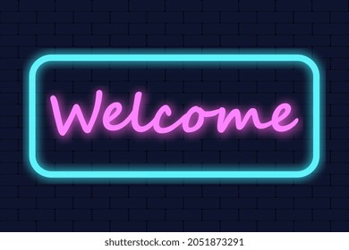 Welcome Neon Text Vector. Welcome neon sign, design template, modern trend design, night neon signboard, night bright advertising, light banner, light art.