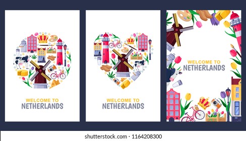 Welcome to Netherlands greeting souvenir cards, print or poster design template. Travel to Amsterdam vector flat illustration. Circle, heart shapes and frame background set.