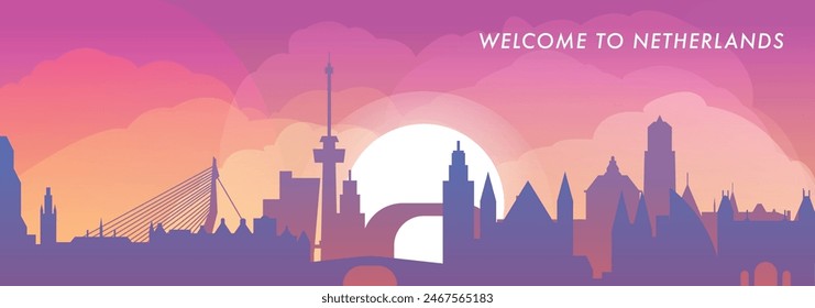 Welcome to Netherlands skyline with cities panorama, gradient vector banner. Colorful Amsterdam, Rotterdam, Utrecht, Eindhoven, The Hague silhouette for footer, steamer, header, horizontal graphic