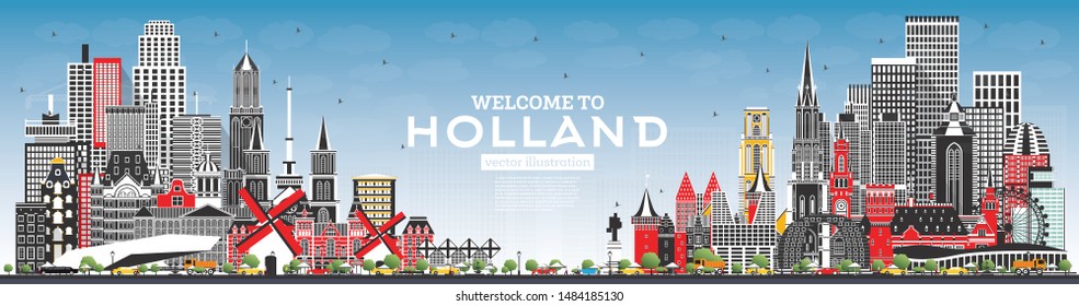 Welcome to Netherlands Skyline with Gray Buildings and Blue Sky. Vector Illustration. Tourism Concept with Historic Architecture. Cityscape with Landmarks. Amsterdam. Rotterdam. The Hague. Utrecht.