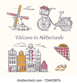 Welcome to Netherlands vector set. Amsterdam symbols in sketchy style. Hand drawn doodles.