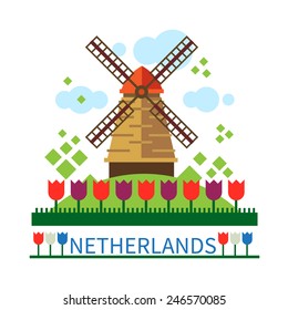 Welcome to the Netherlands. Windmill on field with tulips. Vector flat illustration and logo