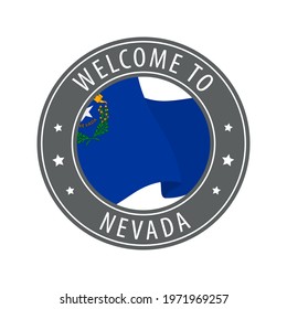 Welcome to Nevada. Gray stamp with a waving state flag. Collection of welcome icons.