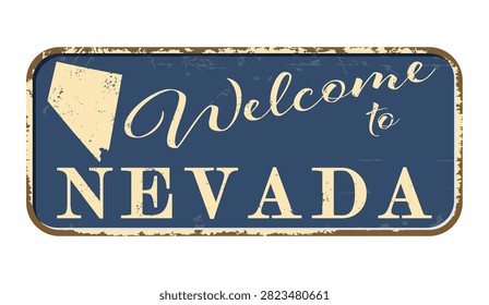 Welcome to Nevada. A worn blue plaque with the name and outline of the state. Welcome inscription on the road sign